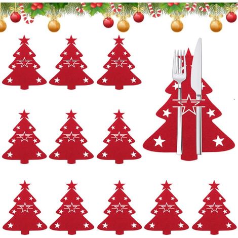 Lot de 12 Porte-Couverts de Noël Porte-couverts pour Sapin de Noël Sac à Couverts de Noël Sac à couverts pour sapin de Noël Portes Couverts Noel pour Décoration de table de Noël (Rouge) (1/5)