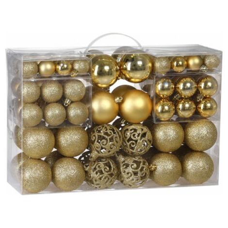 Set mit 100 robusten Kunststoff-Weihnachtskugeln, Weihnachtsdekoration für Innen und Außen, Dekoration für Tannenbaum, Gold (1/5)