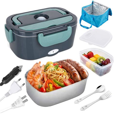 2 en 1 Boite Chauffante Repas, Lunch Box Chauffante, inoxydable, 60W, 1.5L, Fourchette cuillère sac isotherme, pour Voiture Bureau (1/5)