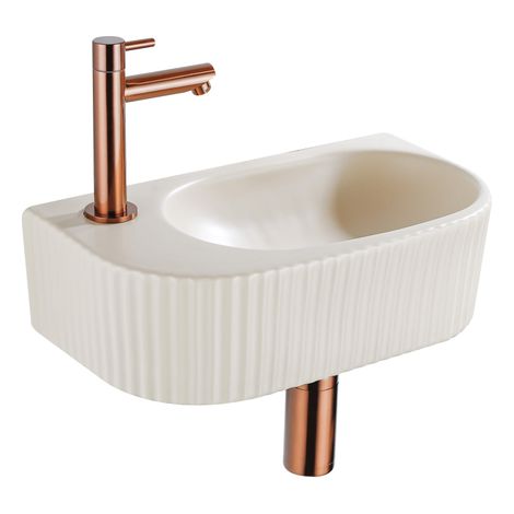 QeramiQ Fuente Ensemble de lavabo - 40x21.5x12cm - gauche - nervuré - demi-rond - 1 trou de robinet - céramique - robinet de lave-mains cuivre brossé