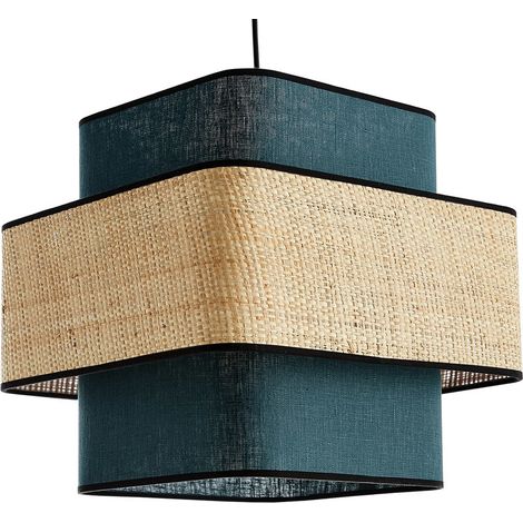 Würfelförmige Pendelleuchte aus entenblauem Leinen und naturfarbenem Bast L35 cm TERA