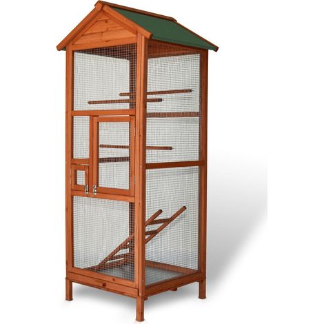 Bb-Loisir – Volière cage à oiseaux en bois de pin résistant aux intempéries 72 x 63 x 168 cm – Trois perchoirs et échelle en bois – Nettoyage facile