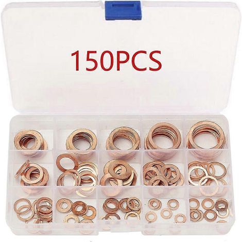 Kit de 150 rondelles plates en cuivre pour bouchons de vidange, disponibles en 15 tailles : M5, M6, M8, M10, M12, M14, M16, M18, M20 et M22. Ces rondelles plates sont compatibles avec les bagues d'éta (1/5)