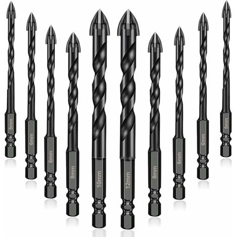 10Pcs forets à maçonnerie en carbure de tungstène, Forets Pour Carrelage Verre pour porcelaine, carrelage, béton, mur de brique, verre, miroirs, plastique, et bois - 5/5/6/6/6/6/8/8/10/12mm (1/5)