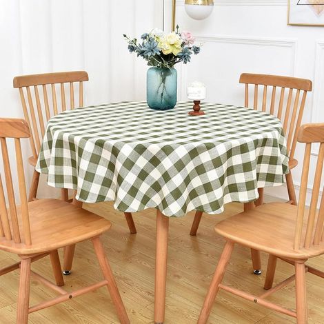 Tischdecke Rund 135cm Grün Kariert Abwaschbar Leinenoptik Baumwolle für Esstisch & Outdoor