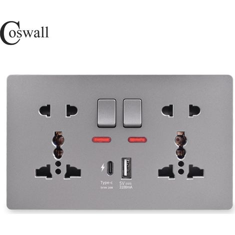 146PC 13A Switched Socket with Outboard Rockers and Dual USB (A+C) 5V,Multifunctional 5-hole Fast Charging Socket,Gray