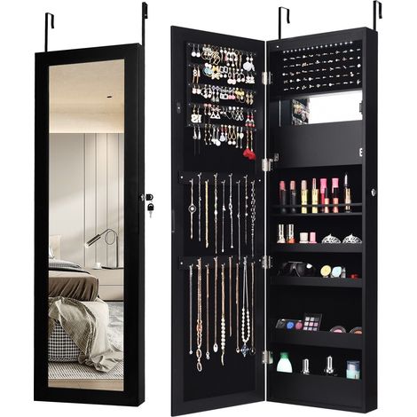 Wall-mounted Jewelry Storage Cabinet Door Hanging Jewelry Armoire w/ Full Mirror