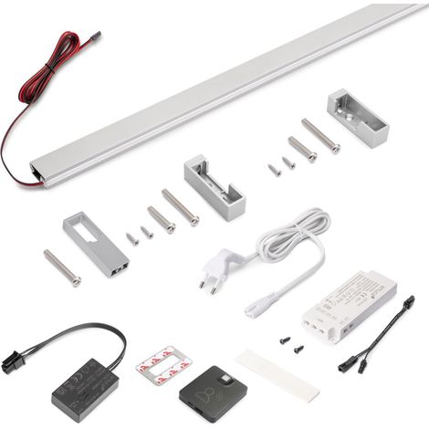 Emuca Kit barra per armadio Luxe, striscia LED 4,5x8 Neonlynx V, sensore di movimento RF Smart e convertitore Smart (24V DC), lunghezza 1.150mm, Luce Bianco calda 2.700K, Tecnoplastica e Alluminio, An