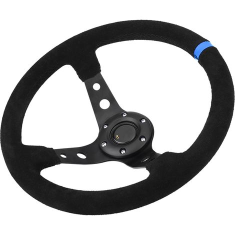 Volant de course automobile universel 35 cm/14 pouces, 6 boulons, avec klaxon bleu (1/5)