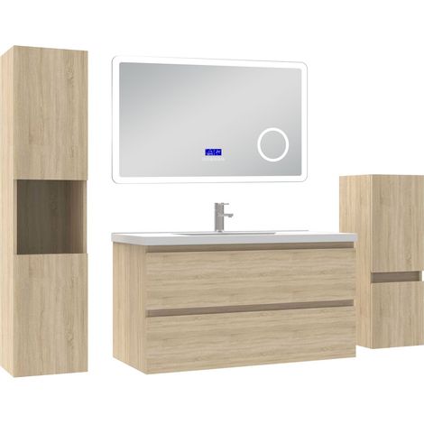Acezanble ensemble meuble salle de bain 100 cm Chêne Wotan avec 2 tiroirs à fermeture automatique, lavabo céramique + miroirBluetooth + 2 colonnes, suspendu
