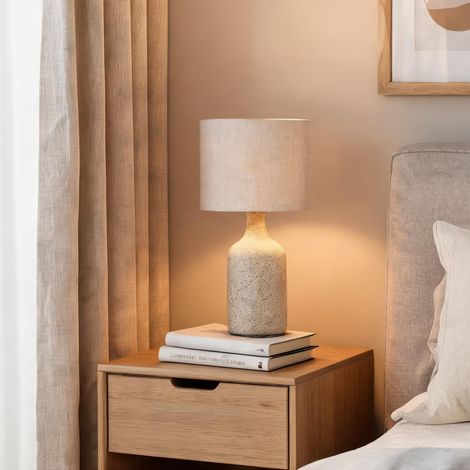 Lampe de bureau à poser avec abat-jour en lin et socle beige (1/5)