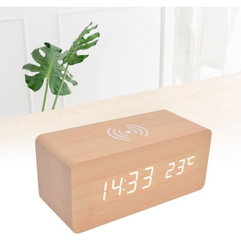 Intelligenter elektronischer LED-Wecker, kabellos aufladbarer Wecker, sprachgesteuerter Wecker, USB-betrieben, weiß. (1/5)