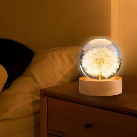 Veilleuse LED cadeau de Noël avec pissenlit et socle en bois en forme de boule de cristal, veilleuse d'intérieur, pour chambre à coucher (1/5)