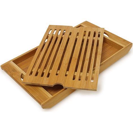 Planche à découper en bambou JeiibrZui avec ramasse-miettes - 37 x 21,5 x 3 cm - Planche à découper en bois durable pour pain et baguette - Design naturel avec grille amovible pour un nettoyage facile (1/5)
