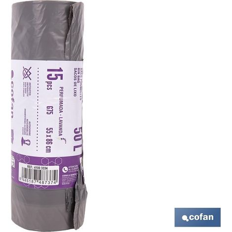 Sac poubelle parfumé à lavande avec fermeture automatique 50 l gris 55 x 86 cm (1/4)
