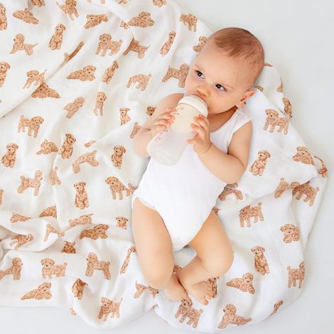Couverture d'emmaillotage pour bébé Chien, 70% Viscose de Bambou et 30% Mousseline de Coton, Couverture d'emmaillotage Neutre pour Nouveau-né, Taille L, 119,4 x 119,4 cm, Chiot Caniche (1/5)