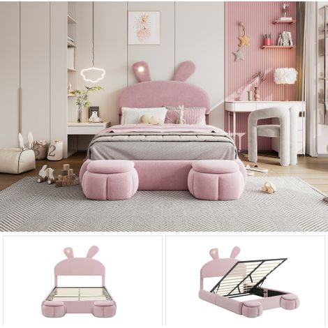Polsterbett, Einzelbett, Hasenohren mit einstellbarer Helligkeit warmfarbenen Lichtstreifen, mit zwei Aufbewahrungshockern, Kinderbett mit Holzlatten, Samt