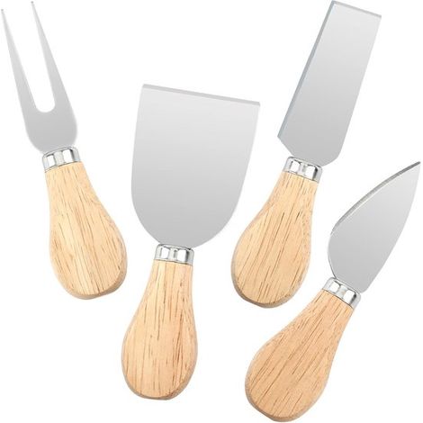 Juego de 4 cuchillos para queso, Cortador de queso de acero inoxidable, Herramienta de corte con mango de madera, Color plata y madera (1/5)