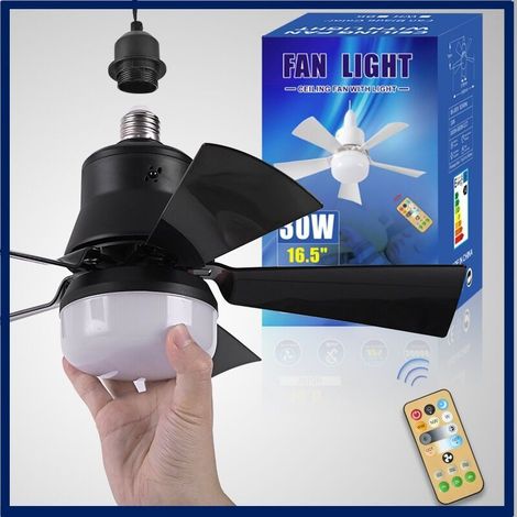 Fünfflügeliger Deckenventilator, E27-Sockel, abnehmbare Flügel + Verlängerungsstange, 30 W, schwarzes Gehäuse, quadratische Flügel. (1/5)