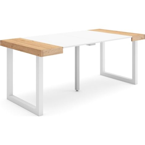 Skraut Home - Mesa Consola extensible, Mesa comedor plegable, 180, Para 8 comensales, Patas madera maciza, Estilo Moderno, Roble y blanco