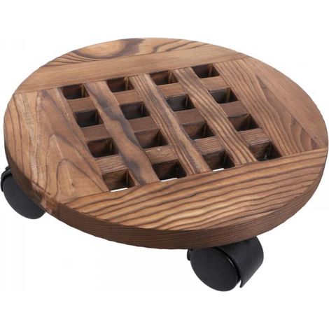 Plateau de pot de fleur rond en bois carbonisé de 30 cm de diamètre, support de fleur mobile avec base de pot de fleur à roulettes, 2 pièces (1/5)