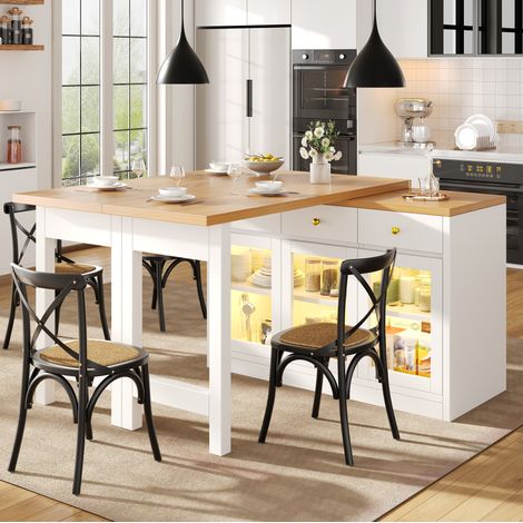 Îlot de cuisine extensible avec LED RGB 120-200 cm, 3 tiroirs et portes vitrées, MDF blanc, OKWISH (1/5)
