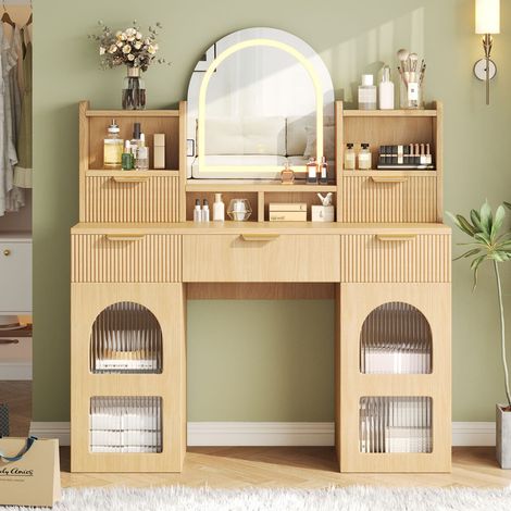 Grande coiffeuse avec miroir LED – Table de maquillage – 3 tiroirs + 2 meubles vitrés et étagères – Couleur bois – 120 × 40 × 139,5 cm – Pour chambre ou dressing