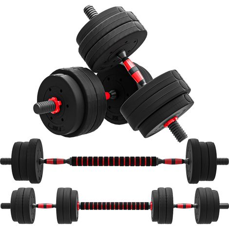 Kit Haltères Musculation 2-en-1, Lot de 2, 25 kg, poids réglable - Barres incluses - entraînement Musculaire & haltérophilie - HDPE Noir Rouge (1/5)