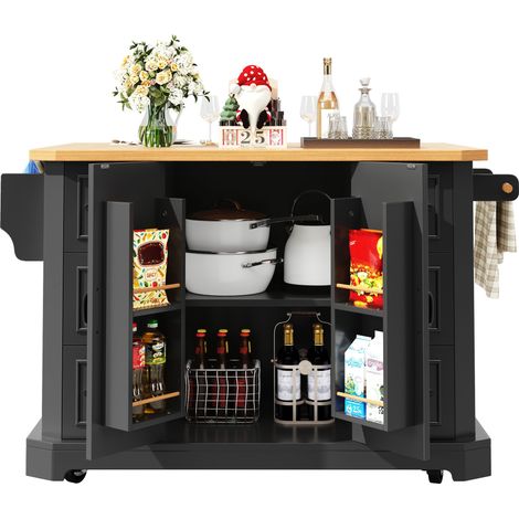 Îlot de cuisine mobile,meuble de cuisine,chariot avec 2 portes et 6 tiroirs,sur roulettes,120x45(75)x91 cm,blanc/noir