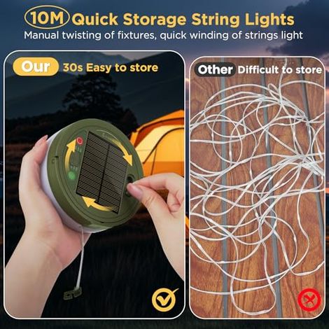 10 m lange, einziehbare Lichterkette für Camping, tragbar 3 in 1, wiederaufladbar per USB und Solar, mit 8 Beleuchtungsmodi, wasserdichte LED für Camping, Garten und Wandern