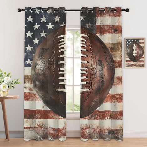 Rideau Occultant Rugby - Décoration Rugby, Rideau Thermique Motif Sport Drapeau Américain Rustique, Lot de 2 Rideaux Opaque à Oeillets pour Fenetre Chambre Salon, 140x160 cm (LxH) I419 - 2x L 140 X H (1/5)