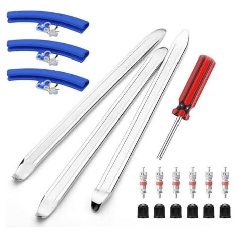 19 pièces démonte-pneus, 30 cm démonte-pneus avec 3 protections de jante et 6 valves de pneu outil de montage de pneu démonte-pneus pour moto vélo voiture e-scooter (1/5)