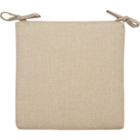 1 x coussin de chaise d'été en coton lin beige - 40 x 40 x 4 cm - Aspect lin uni - Résistant aux taches et à l'eau - Avec sangle de fixation (1/5)