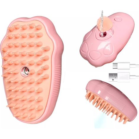 Cepillo de vapor 3 en 1 para eliminar el pelo de mascotas, peine eléctrico con pulverizador, estilo huella de gato (rosa)