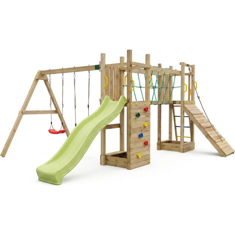 Funni Aire de Jeux Enfant Extérieure – Bois Traité – Toboggan 2,2 m – Balançoire Double – Jusqu’à 9 Enfants – EN 71 (1/5)