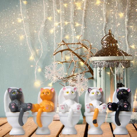 Figurines de Chats Miniatures sur Toilette - 5Pcs Statuettes Animées Décor Bureau Maison Micro-Jardin - PVC Multicolore 3.5cm (1/5)