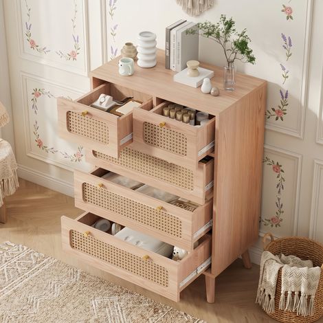 Commode Bois Massif avec 5 tiroirs 60cm, Commode Chambre en rotin, poignées dorées et pieds en bois, Scandinave - Naturel (1/5)