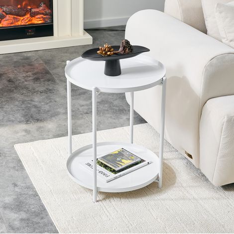 Tavolino rotondo in metallo e MDF 42 x 52 cm bianco, 2 ripiani, stile minimalista (1/5)