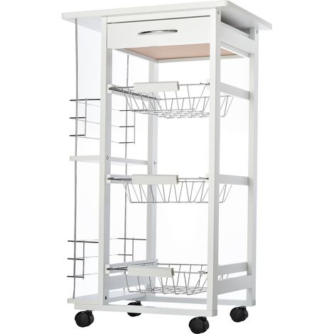Chariot de cuisine multi-rangements 3 paniers métal tiroir 2 range-bouteilles bois pin blanc