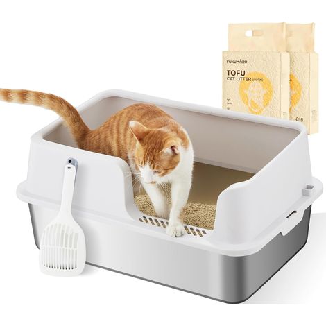Stainless Steel Cat Litter Tray High Rim Cat Litter Tray with Two Bags of Litter, Extra Large Closed Litter Tray with Lid for Large Cats (1/5)