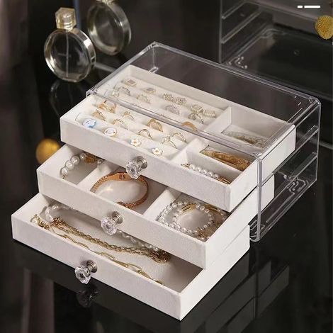 Boite a Bijoux pour Femme Acrylique Rangement Bijoux 3 Couches en Velours Boîte à Bijoux, Coffret Bijoux Organisateur Bijoux Réglables Jewelry Boîte de Stockage pour Colliers Bagues Bracelets (Crème) (1/5)