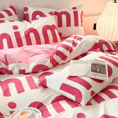 Set di biancheria in cotone lavabile 4 pezzi – Copripiumino, federa e lenzuolo – Piumino 180 x 220 cm – Rosa trendy