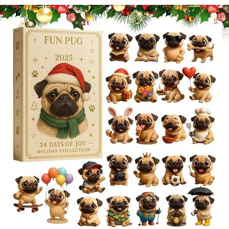 Mops-Adventskalender 2025, 24 Tage, 2D-Acryl-Hunde-Saisondekoration - Countdown-Kalender - Für Zuhause, Kinder, Erwachsene, Hundeliebhaber, Feiertage (1/5)