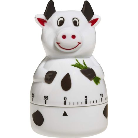 TFA Dostmann Cow Timer analogico da Cucina, 38.1007, Timer per Uova, con Movimento a Carica Metallica, Allarme Acustico, plastica, Bianco-Nero