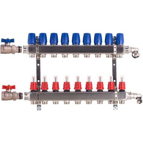 Heizkreisverteiler BASIC für Fußbodenheizung 9 Heizkreise mit Kugelhahn-Set