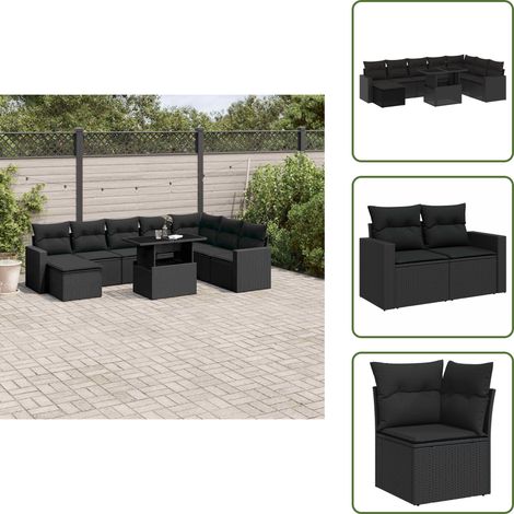 Salon de jardin 9 pcs avec coussins noir résine tressée - Ensemble Salon De Jardin - Meuble Extérieur - Jardin - Terrasse - Patio (1/5)
