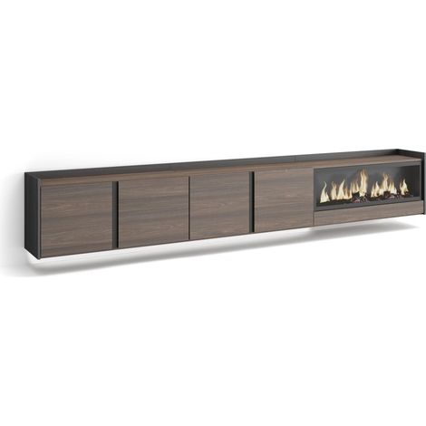 Skraut Home - Mobile TV Soggiorno, Ampio spazio a disposizione, 315x35x50cm, Per TV fino a 80", Camino elettrico XXL, Sospeso, da appendere, LED, Stile moderno, Rovere scuro e Nero (1/5)