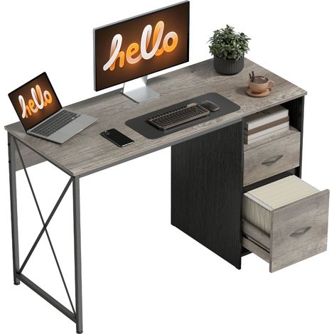 HOMCOM mesa de ordenador, 120x50 cm, escritorio de ordenador industrial con compartimento y 2 cajones, para A4, para oficina, estudio, gris claro