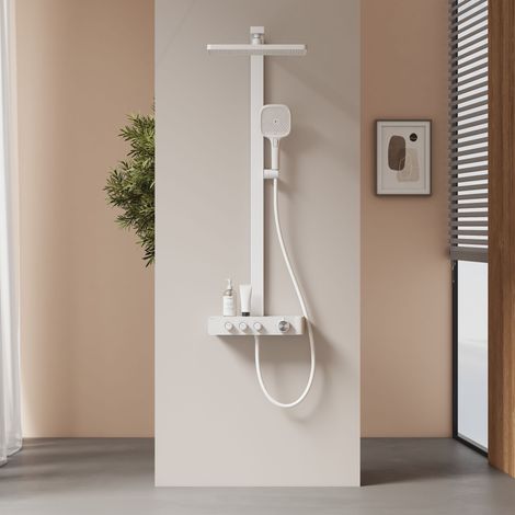 EMKE Duschsystem mit Thermostat & 36cm Regendusche Durchflussregelung 37cm Ablage & Halterung für Kinder/Senioren Weiß