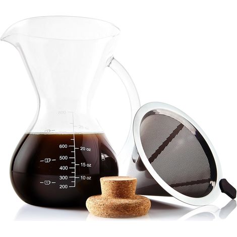 ensemble cafetière pour-over avec mesure à café et bouchon en liège – Cafetière goutte-à-goutte élégante avec verseuse en verre et filtre permanent en acier inoxydable (800 ml) (1/5)